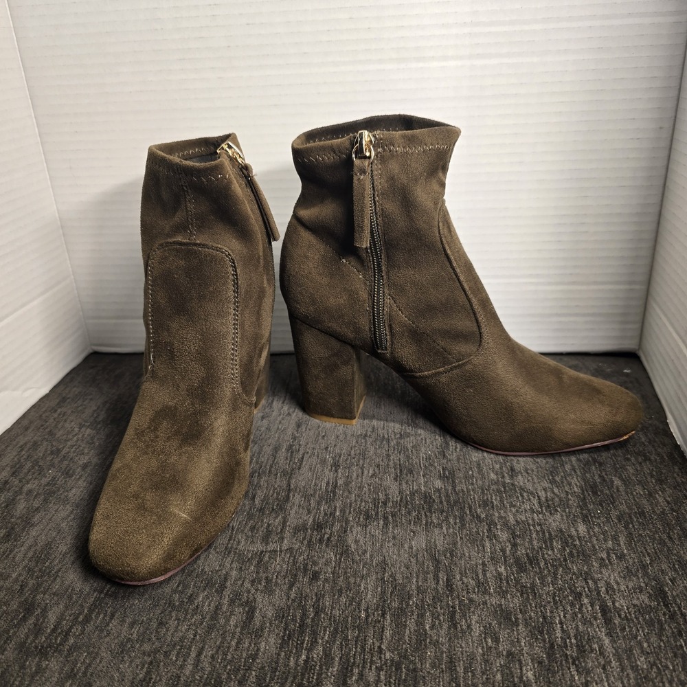 Shoedazzle Gabrielle Olive Brown Faux Suede Block Heel Ankle Boots Womens 7